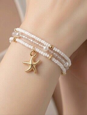 White Beaded Bracelet Stack Gold Starfish Coastal Beach Seashell Jewelry Set 3pc